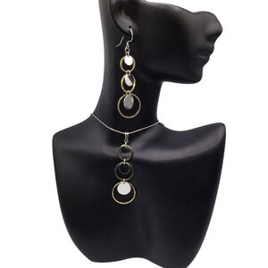 925 Sterling Silver Necklace & Earrings Set Two Tone Circle Pendant Dangle Set